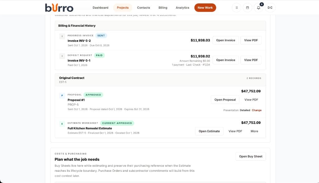 Burro billing history showing a sent progress invoice, a paid deposit, and the approved proposal